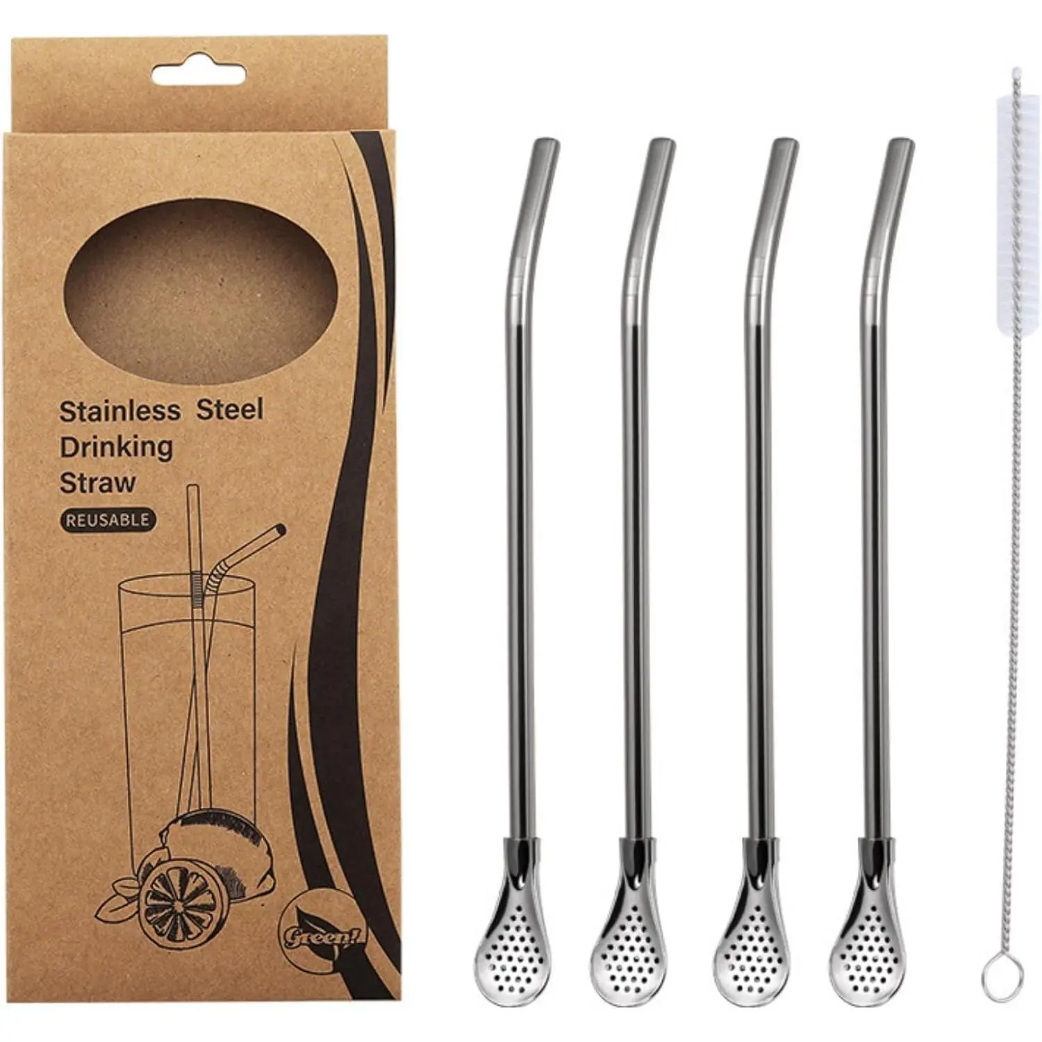 Stainless Steel Spoon Straw 4 Pack  Filter |  In Filter, Spoon Straw for , Smoothie and Milk , Comes with Cleaning Brush for Quick Daily Maintenance