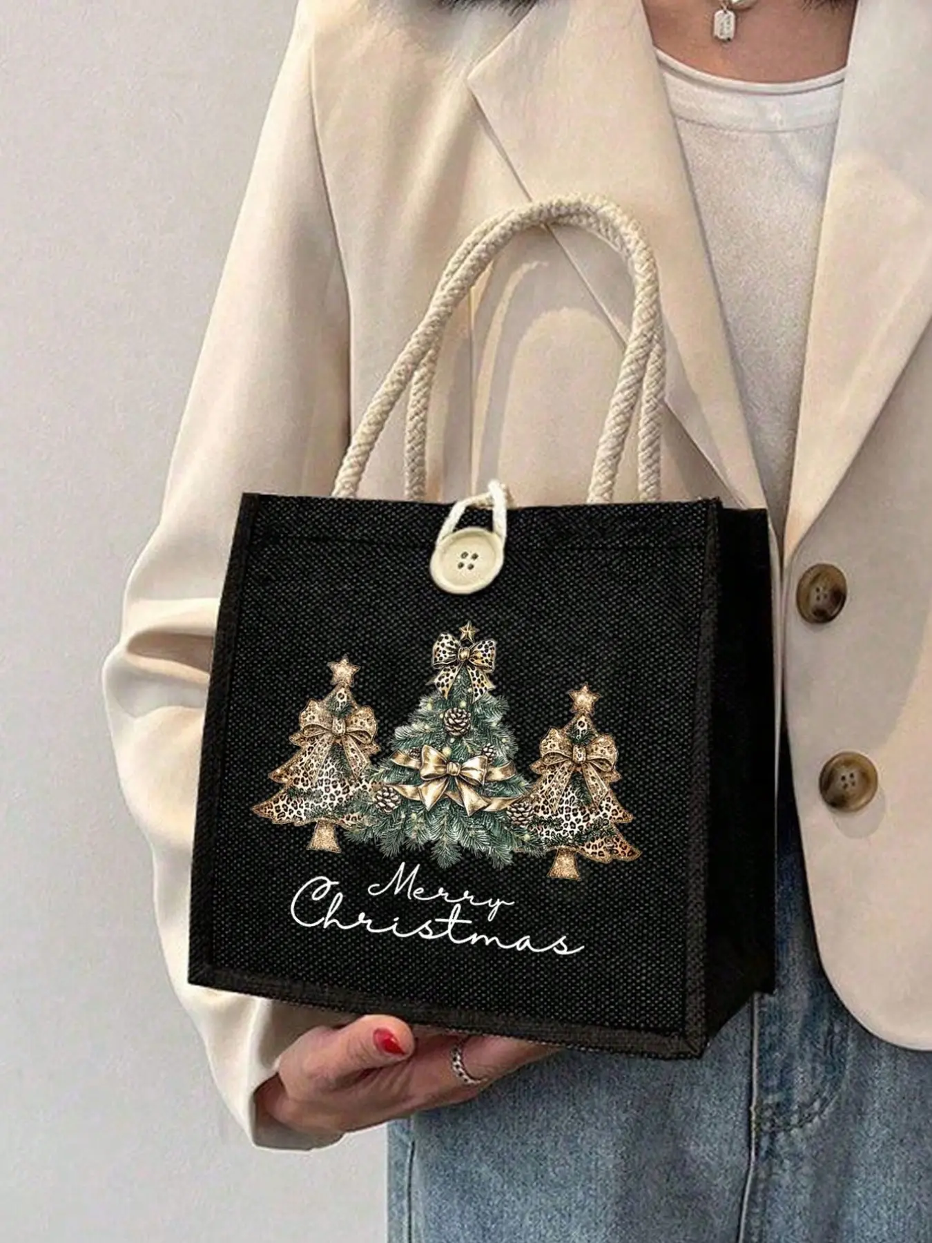 Christmas Print Linen Handbag, Reusable Women's Casual Bag, Perfect for Commuting, School, Shopping, Gifts, Holidays