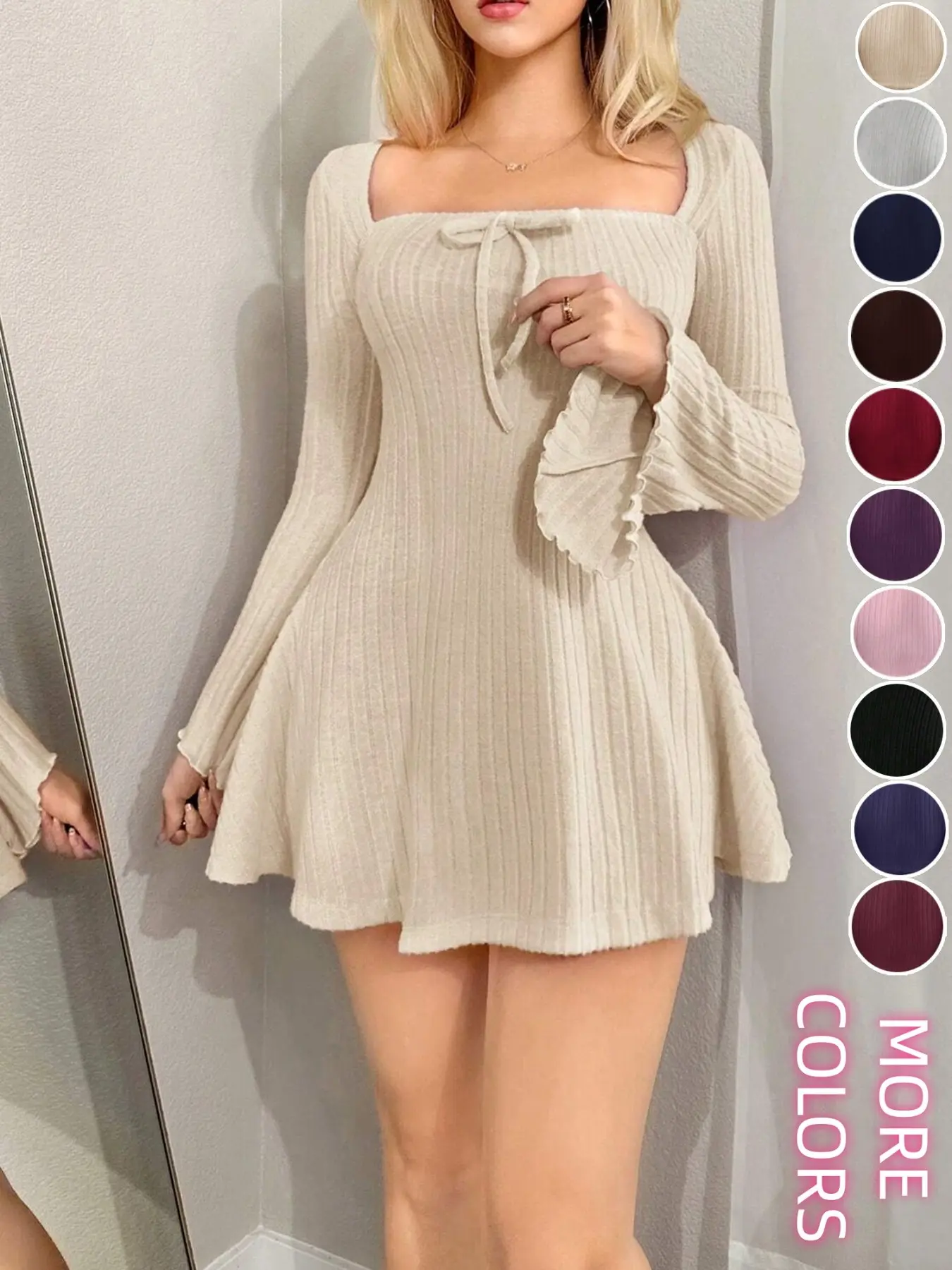 Solid Color Square Neck Bell Sleeve Mini Y2K Autumn Women's Long Sleeve Dress, Chic, Stylish for Fall, Perfect for Casual Wear