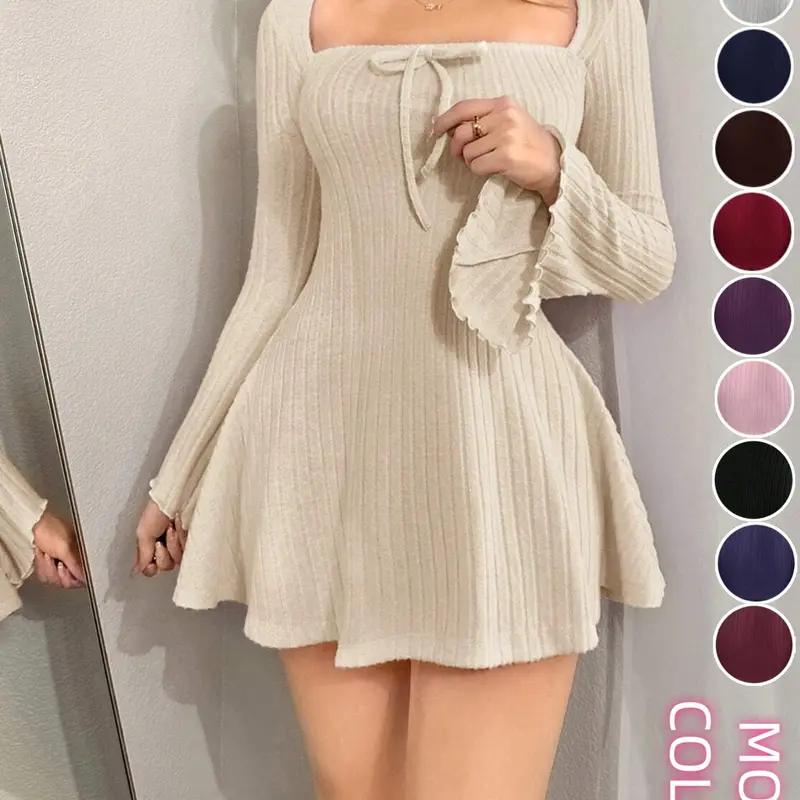 Women's Solid Color Square Neck Bell Long Sleeve Mini Y2K Dress, Chic Stylish Fall Outfit, Perfect for Casual Wear, Trend