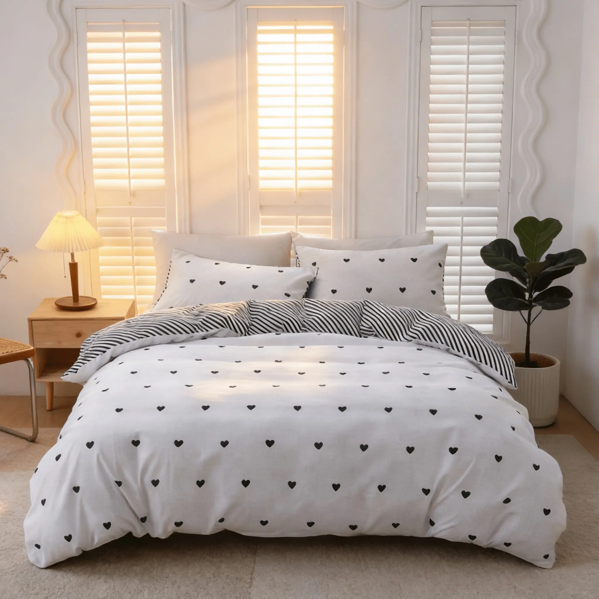 3Pcs Double-Sided Heart Stripes Printed Bedding Set, 1 Duvet Cover + 2 Pillowcases, Zipper Closure, Soft Comfortable Fabric, No Fillers, Ideal Gift Choice