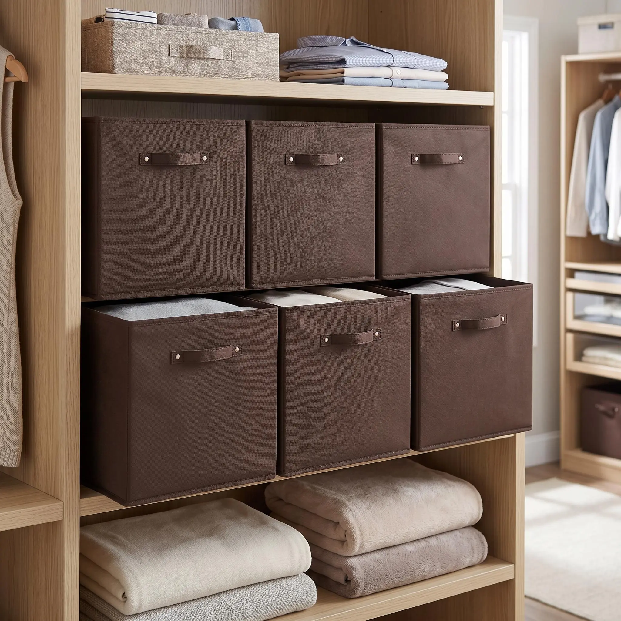 【IdealHouse】Collapsible Fabric Storage Bins, 6 Pack 13 Inch Open Top Organizer Cubes with Faux Leather Handles, Multipurpose Closet Storage Containers for Clothes, Toys, Nursery and Home Shelves