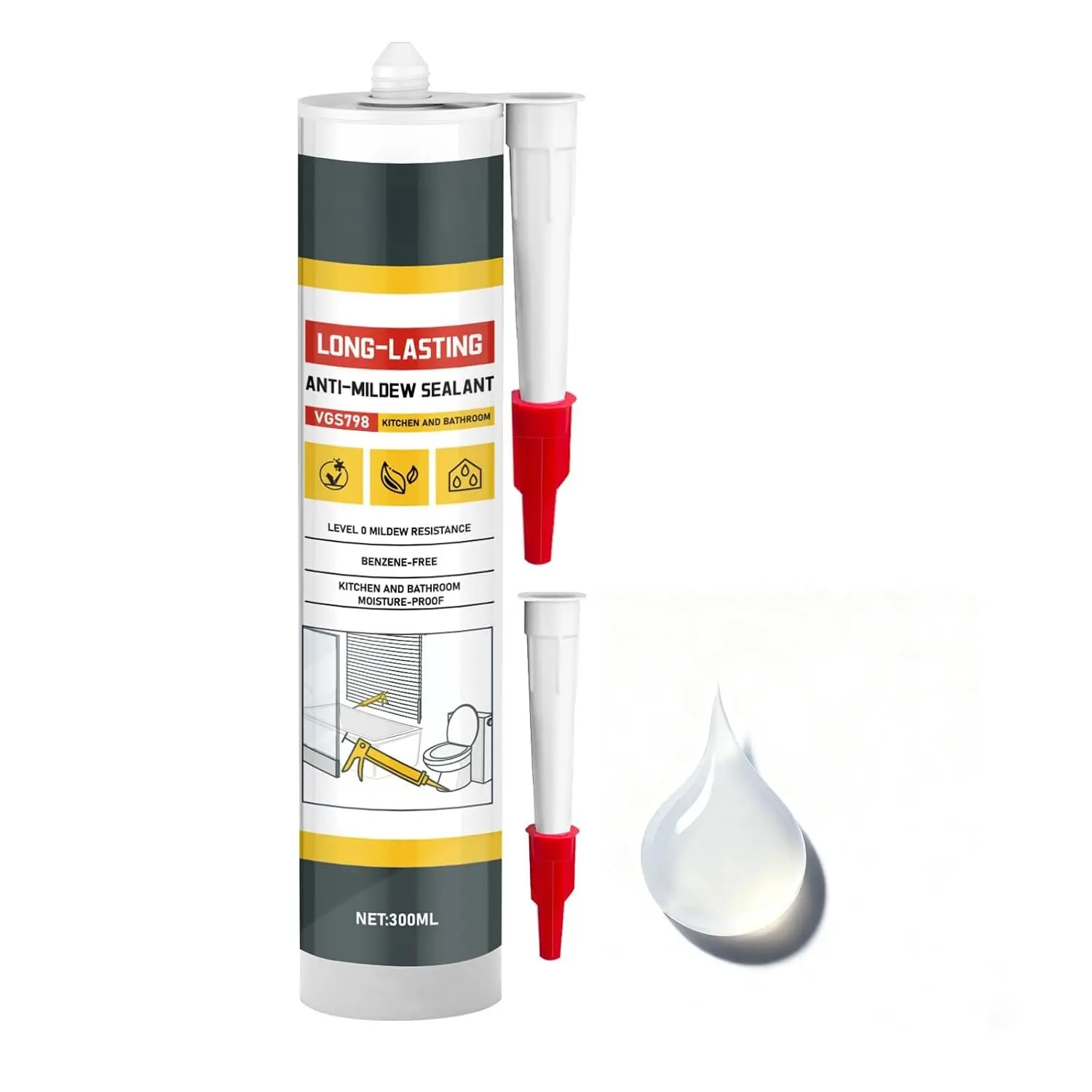 VGS798  Sealant, Clear 300ml,  for Kitchen & Bath | Neutral-Cure, Low Odor. Flexible, Crack-Resistant For Sinks, Toilets, Showers & Tile.( 1 tube + 2 tips)