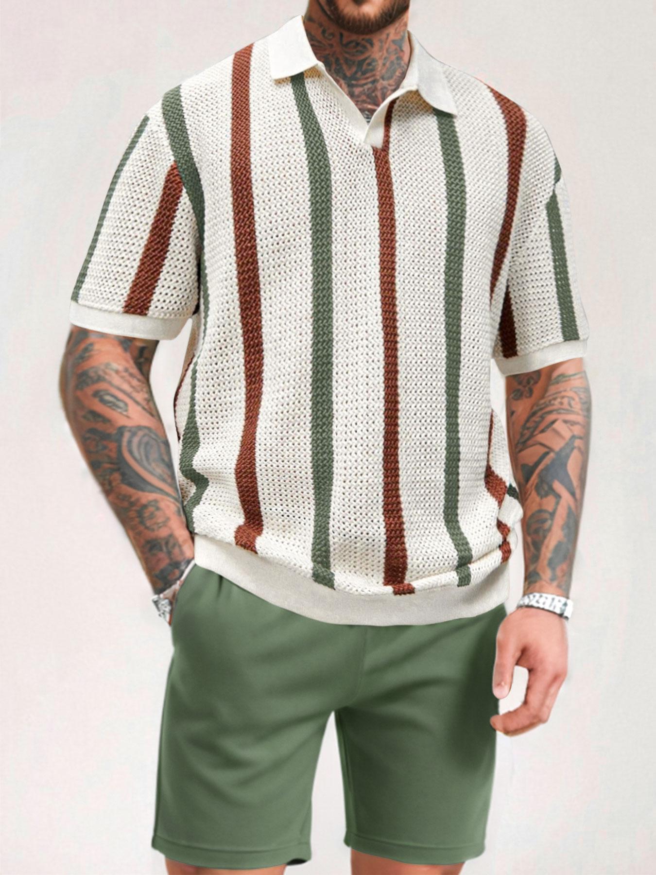 Men's Striped Print Short Sleeve Top & Shorts Two-Piece Set, Casual Fashion Cozy Breathable Top & Shorts for Summer, Men Two-Piece Outfits for Beach Vacation