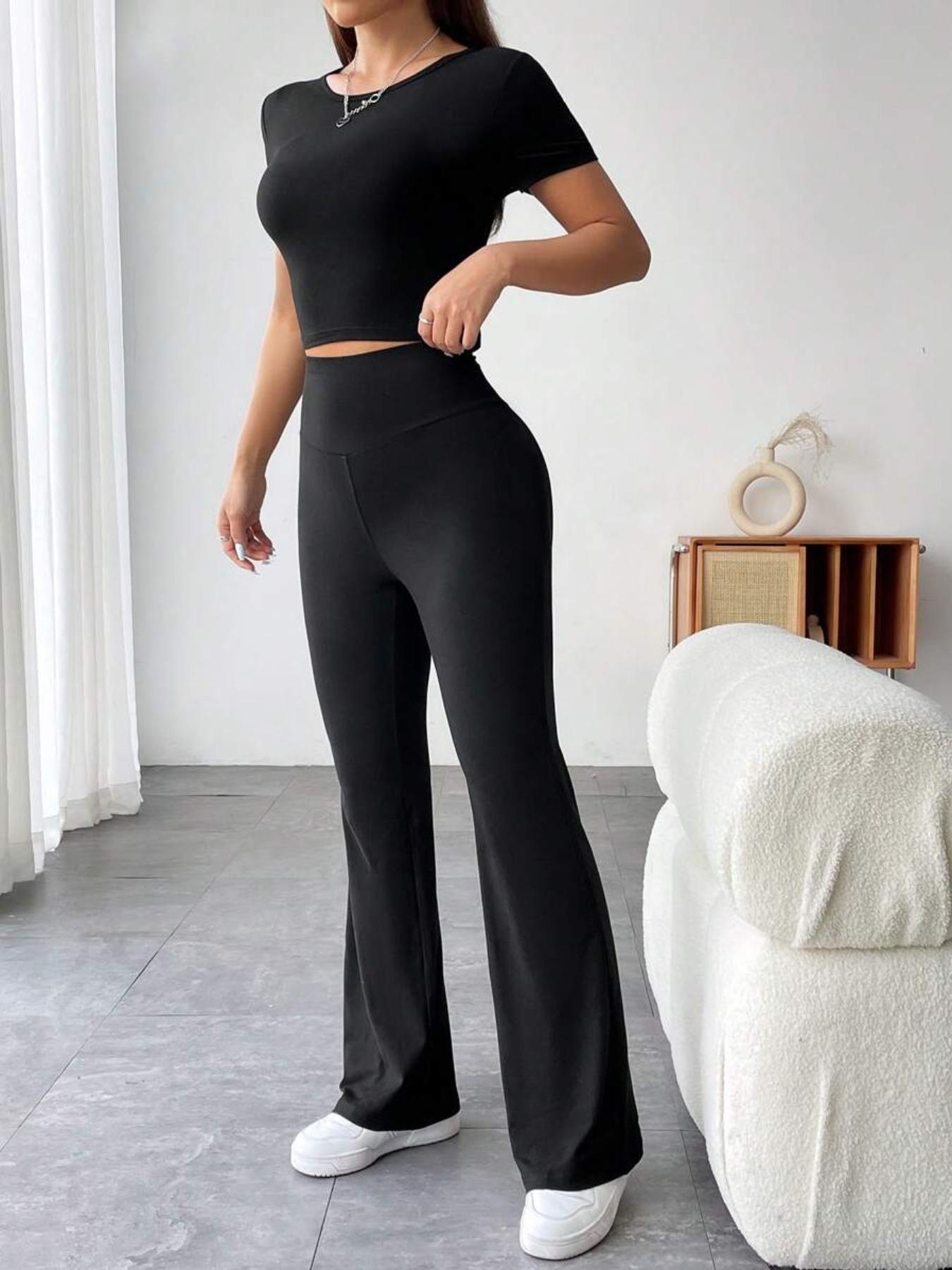 Women's Solid Top & High Waist Flare Leg Pants Set, Casual Chic Fashion Cozy Round Neck Tee & Bell Bottom Trousers for Daily Outdoor Wear, Ladies Clothes for All Seasons