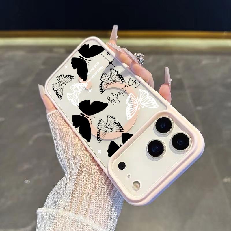 Black and white butterfly Magsafe Phone Case Shockproof Compatible for iPhone 17 Pro Max Air 16 16e 15 14 Plus 13 12 11 X XS Magnetic Hard Acrylic Back Soft TPU Edge Shock-resistant Cover Gift 2D printing