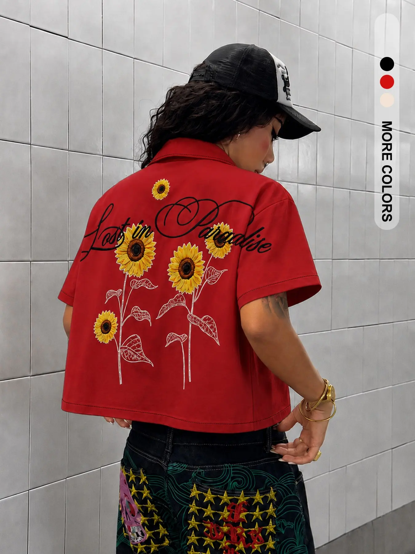 Trendy Blouse Open Front, Sunflower Embroidery Pattern, Cartoon Design, Fashionable Top, Cool Style, Must-Have for Streetwear, Chic Motorcycle Look