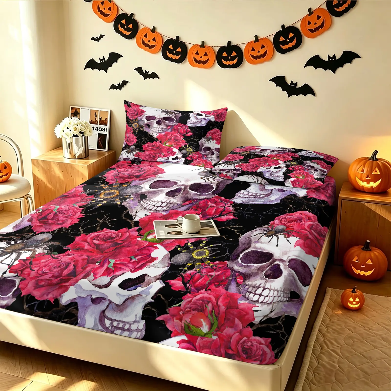 Watercolor Red Rose Skull Spider Sunflower Halloween Print Fitted Sheet Set, 1 Fitted Sheet & 2 Pillowcase, Gothic Floral Skull Print Bedding Set All Size, Breathable Soft Fabric All‑Season, Holiday Bed Sheet For Bedroom Decor