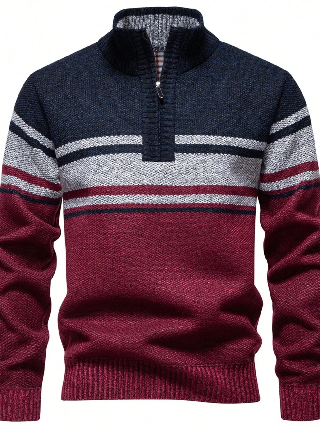Men's Half-Zip Stand Collar Sweater, Fleece Lined Thick Striped Knit Pullover, Winter Warm Top, Casual Street Style Winter Sweaters