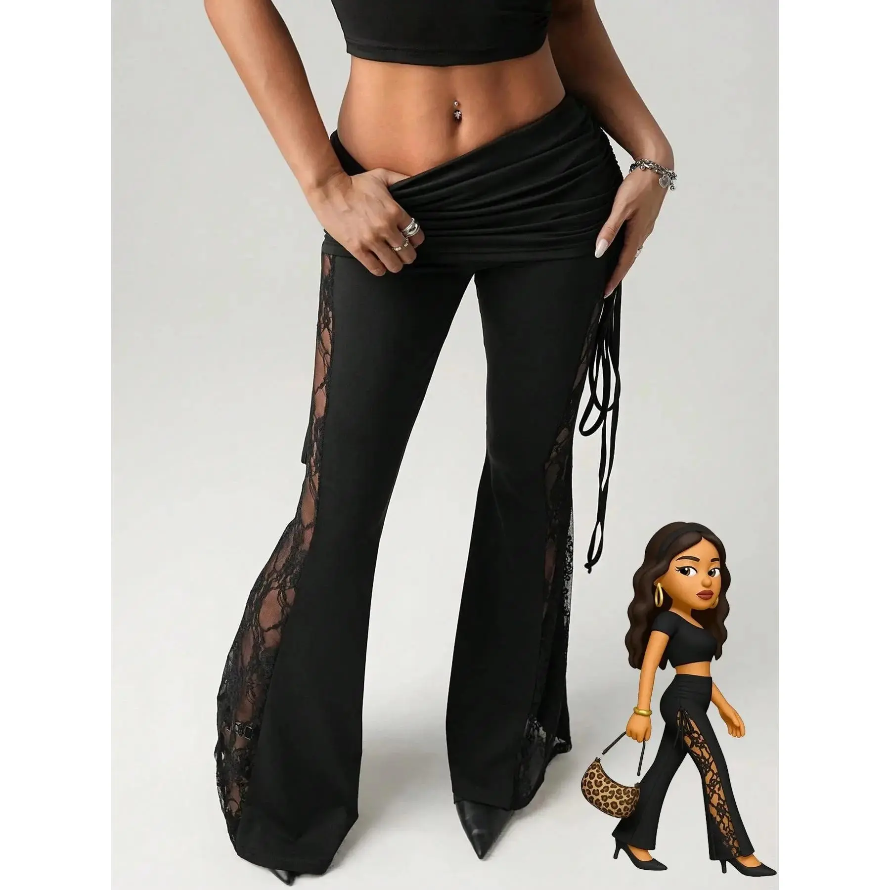 Women's Lace Side Stripe Beach Vacation Pants, Sexy Waist Drawstring Flare Leggings, Casual Slim-Fit All Season Wear