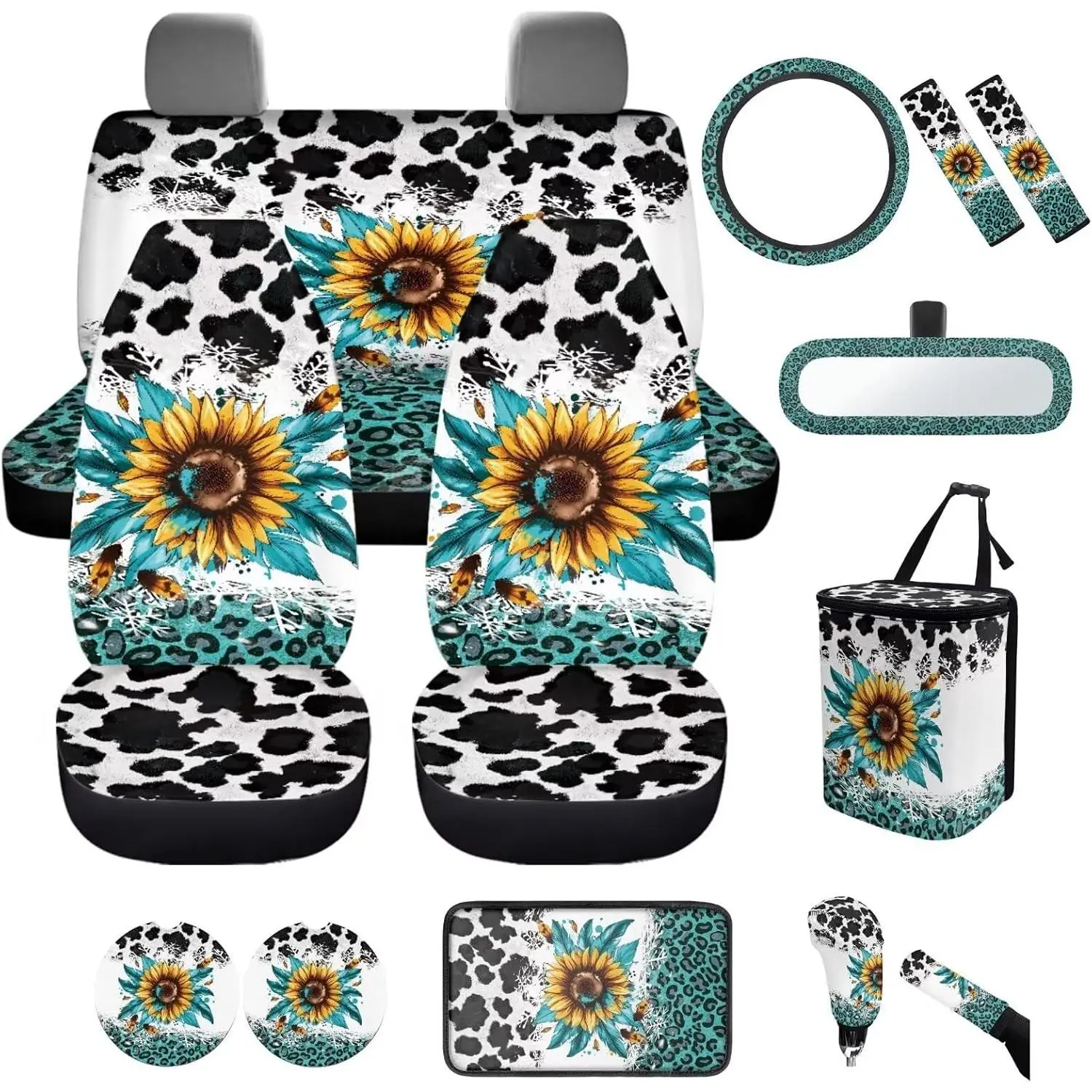 14Pcs Sunflower Cow Print Car Accessories Full Set for Women Man,Sunflower Car Seat Covers Set for Front and Rear,Universal Steering Wheel Cover Seat Belt Protector Set Car Interior Decor