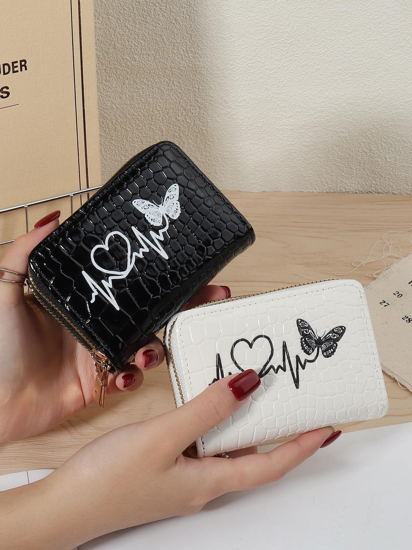 Fashionable Butterfly & Heart Pattern Card Holder, Minimalist Double Zipper Portable Short Wallet, Large Capacity Multifunctional Card Bag, Cardholder, Exquisite Cardholder, Card Organizer
