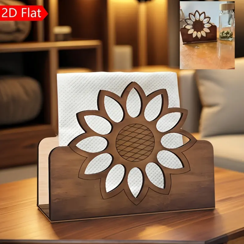 1 Handcrafted Wooden Napkin Holder with Sunflower Design for Dining Tables, Wooden Napkin Dispenser, Vintage Style Cocktail Napkin Holder, Wooden Rustic Modern Napkin Dispenser, Decor for Inns, Homes, Hotels and Offices