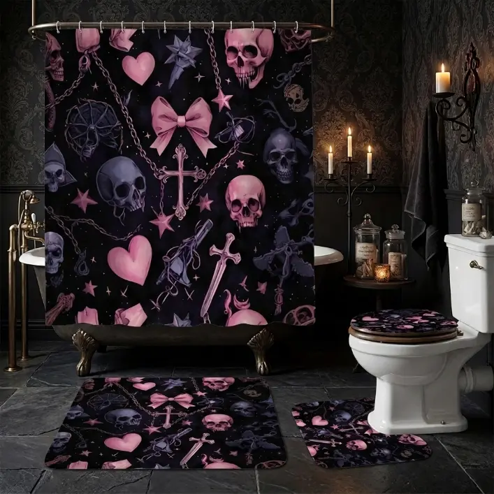 1/4pcs Gothic-style Bow And Skull Print Bath Curtain Set, Non-slip Bathroom Mat, U-shaped Carpet, Toilet Seat Cover, Machine-washable Nylon Bath Curtain Cord, 12 Durable Hooks (70.8x70.8 Inches), Bathroom Decorations And Accessories.
