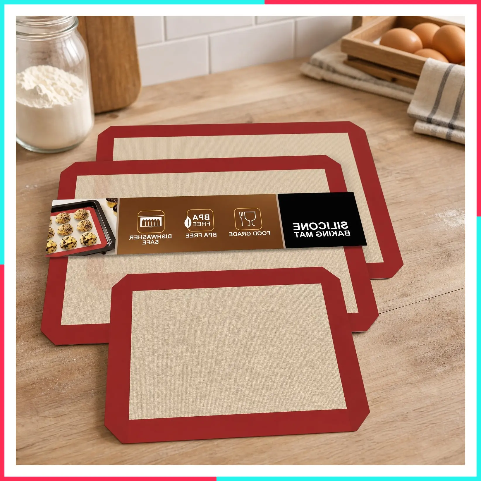 Silicone Baking Mats 3 Pack – Non-Stick Reusable Silicone Baking Sheets for Oven – Cookie & Macaron Mats – 2 Half Sheet + 1 Quarter Sheet – BPA-Free, Dishwasher Safe