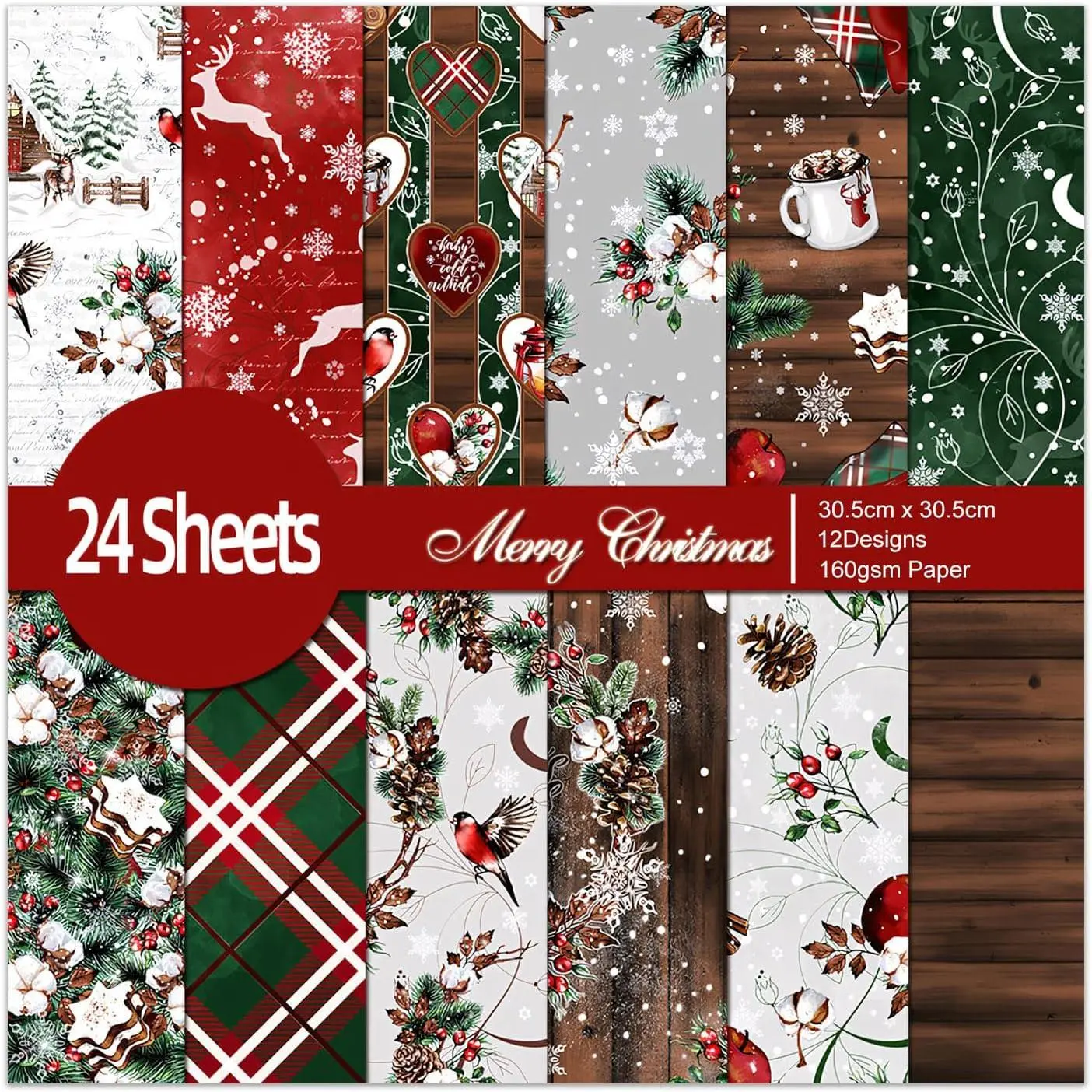 Christmas Decoupage Scrapbooking Paper Pad - 24 Sheets 12x12in Aesthetics Patterns Designed Material for Card Decorative DIY Crafts Journals Folded Origami  Wrapping Supplies