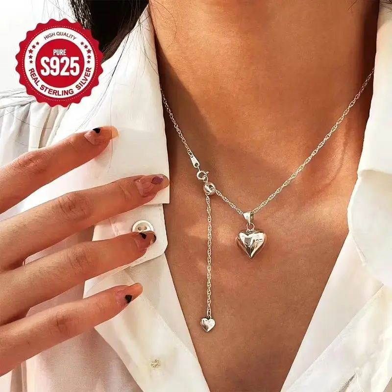 Women's S925 Sterling Silver Heart Pendant Necklace - Water Wave Daily Versatile Chain Jewelry, Hypoallergenic Elegant Glamorous Chain Necklace for Everyday Wear, Special Occasions, Elegant Necklace