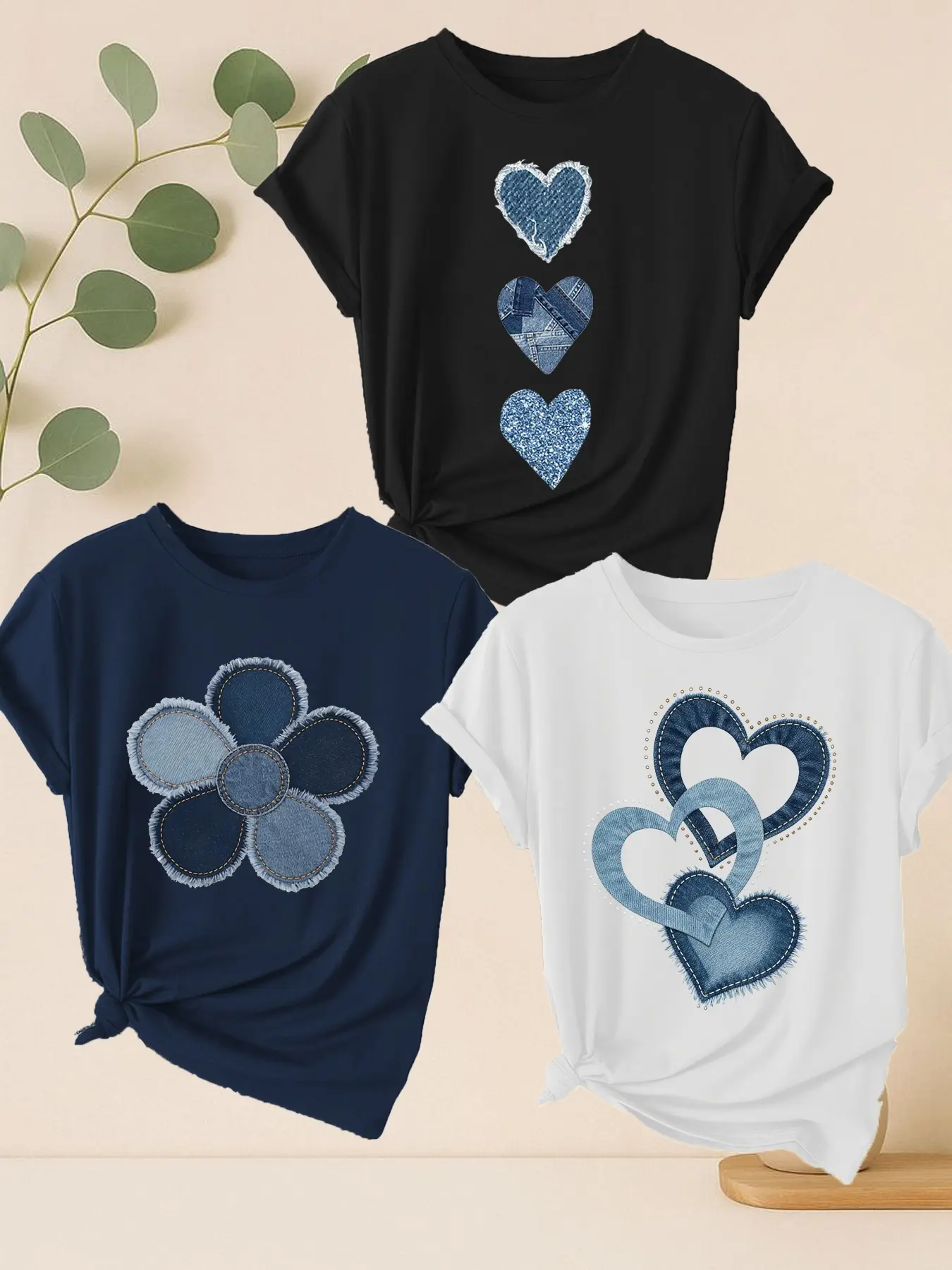3-Pack Women's Round Neck Short Sleeve T-Shirts, Heart Pattern Print, Casual Sporty Top, Soft Comfortable Fabric