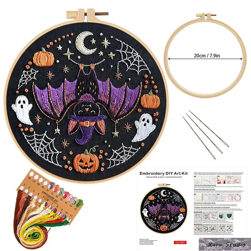 Halloween Embroidery Cross Stitch Kit for Beginners - Spooky Bat & Pumpkin Craft Supplies for Adults with Hoop, Thread Kit, Printed Pattern for Fall Home Decor, Hoop Art for Home Decor & Gift, Pattern Guide, English Pattern Guide