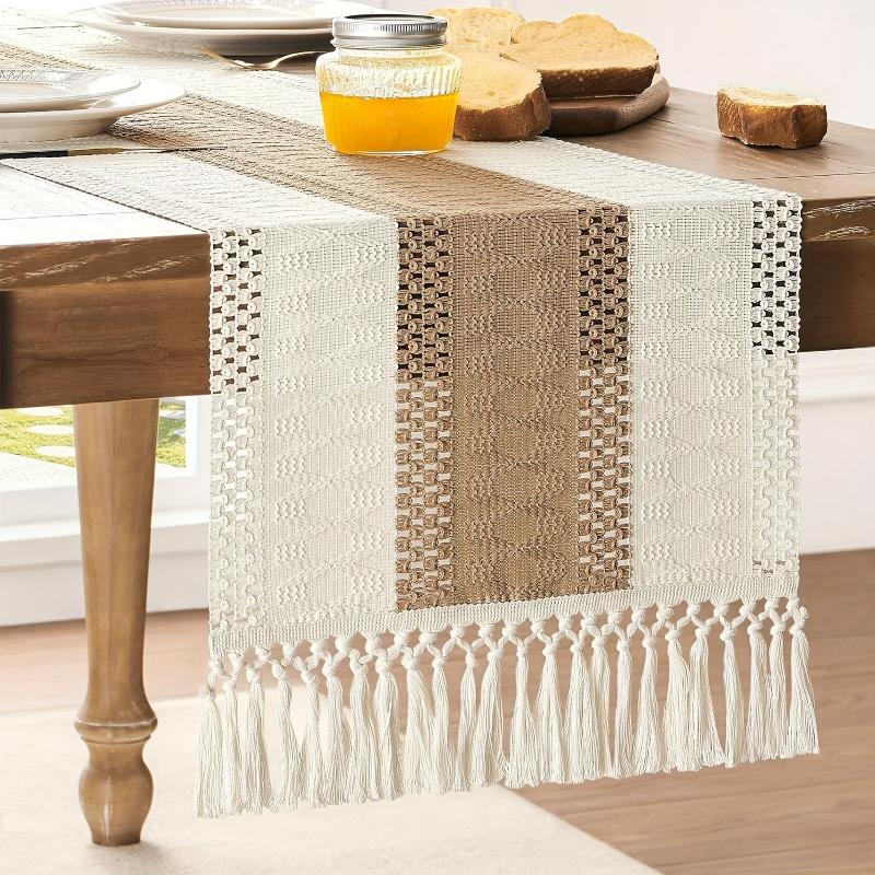 Rustic Farmhouse Boho Table Runner Macrame Crochet Polyester Tassel Striped Design Cream Brown Beige Decorative Dining Room Bedroom Living Room Home Decor