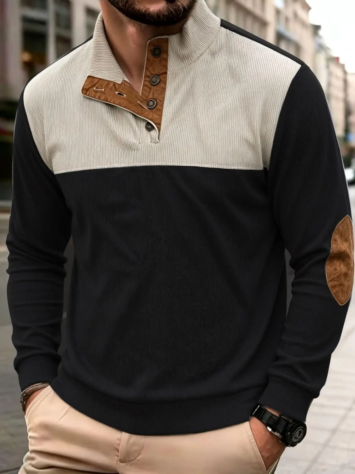 Men's Patchwork Ribbed Corduroy Top, Button Henry Neck Pullover, Leather Elbow Patches, Casual Warm, Fall Winter, Gift Essential