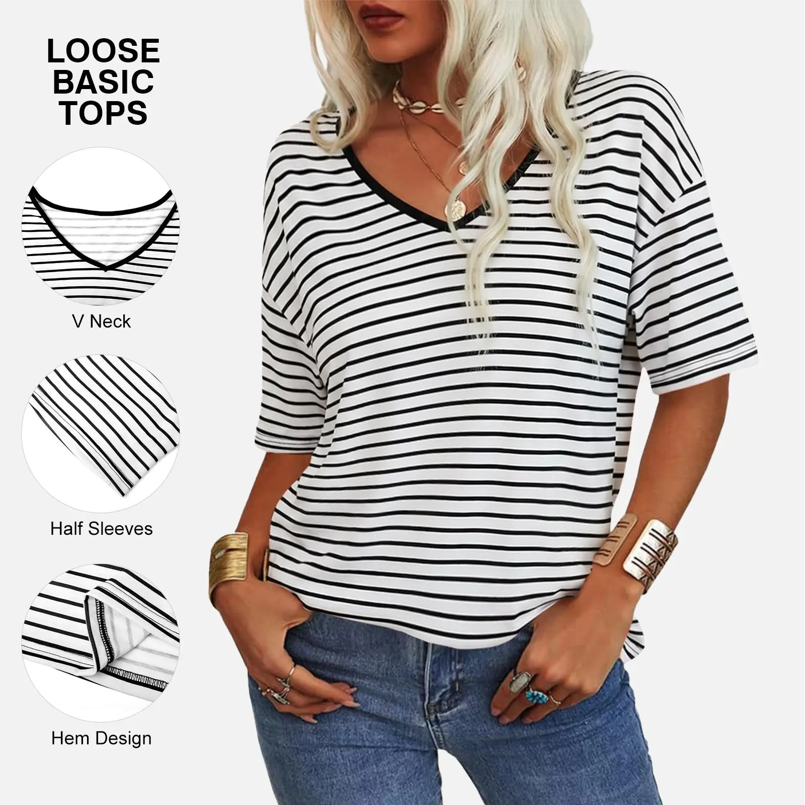 Imily Bela Women's  Soft V Neck Tee Half Sleeve Lightweight Stripe Fit Shirt Minimalist Top  Casual Comfortable Simple Womenswear shirts