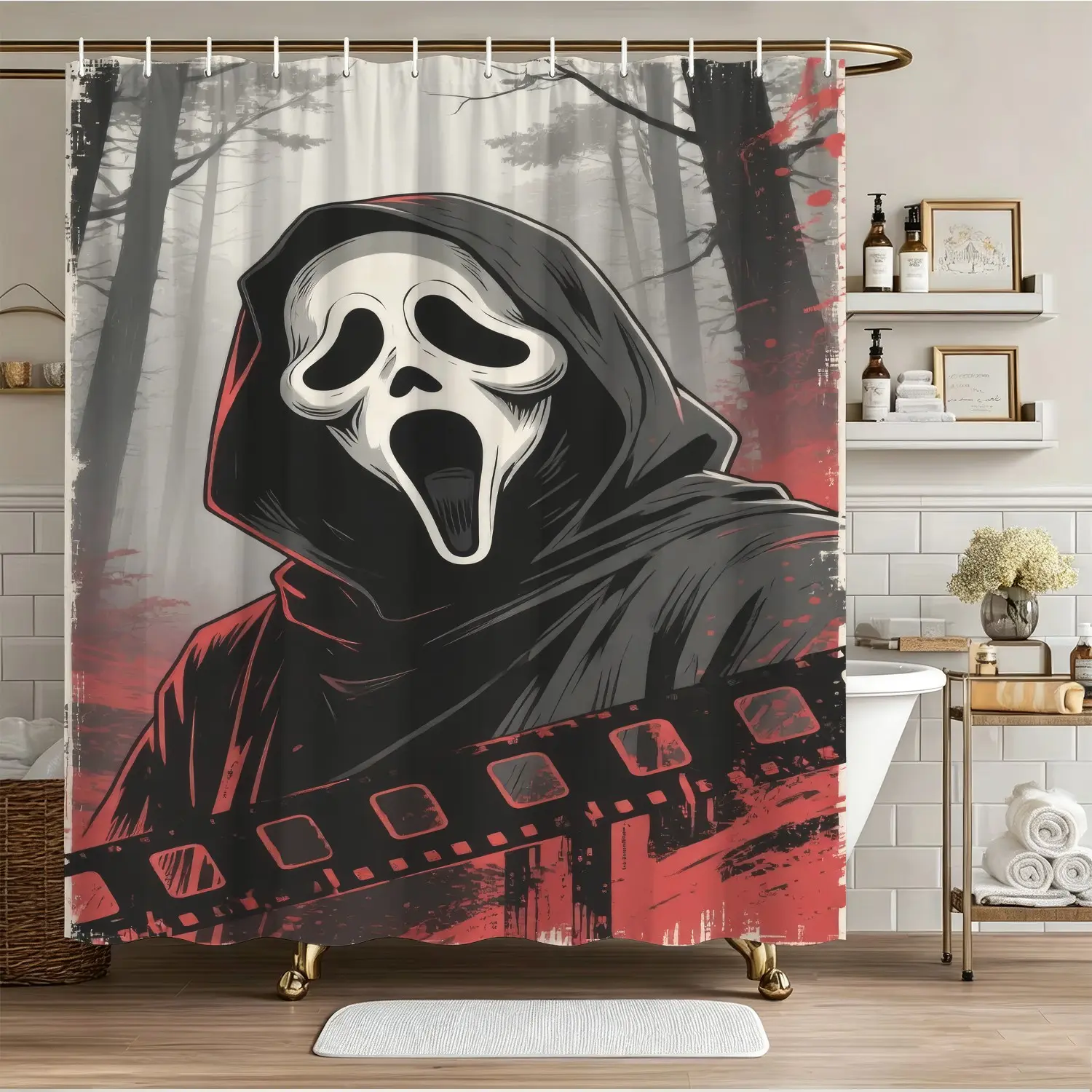 Halloween "Ghost Face" Pattern Shower Curtain, Digital Print Waterproof Shower Curtain, Easy Install Hooks Included, Retro‑Horror Themed Bathroom Decor, Machine Washable