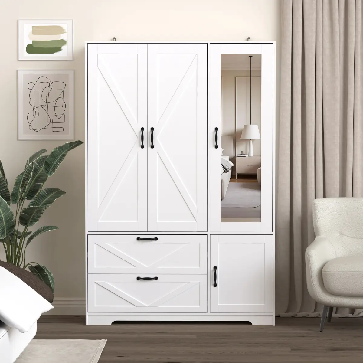 4-Door White Wooden Wardrobe with Mirror, LED Sensor Lights, Hanging Rod, Adjustable Shelves & 2 Drawers - Easy Setup Space-Saving Modern Bedroom Storage Closet