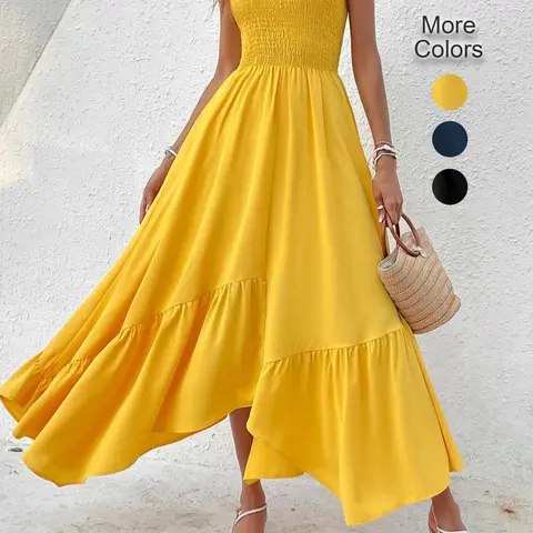Pure Color Halter Top Front Gathered Design, Irregular Hem Waist Cinched Casual Wear Chic Boho Style Fit Women Sleeveless Dress, Perfect for Beach Vacation, Spring, Fall & Summer Fashion