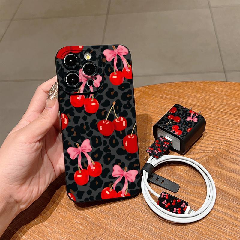 Cherry Pattern Phone Case with Charger Head Cover & Cable Protector & Storage Rope, Shockproof Phone Case for iPhone, Casing, Accessories