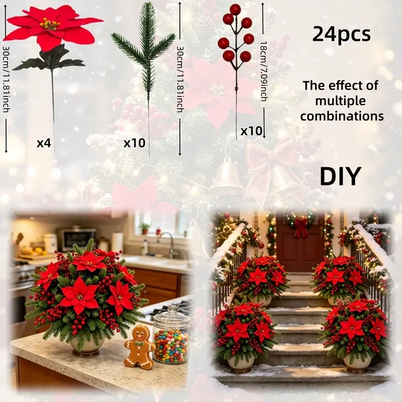 24 Pack Premium Artificial Poinsettia Bouquets with Pine Sprigs, Faux Cypress Leaves & Berries, Holiday Fake Floral Decorative Flowers for Christmas Wreath DIY, Indoor Outdoor Wedding, Party, Porch, Garden & Home Winter Decoration, Event Styling
