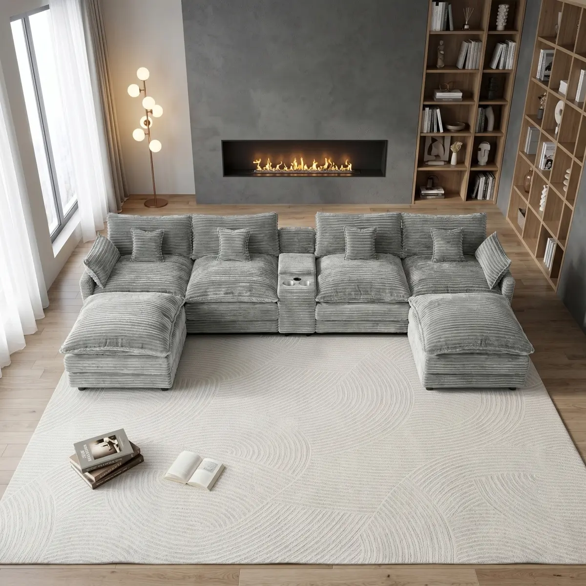 145" U Shaped Cloud Couch Sectional, Oversized Light Grey Corduroy Cloud Couch, Large Comfy Fluffy Modular Sectional Sofa, 6 Seat Sectionals Sofa Set with Central Console USB Port
