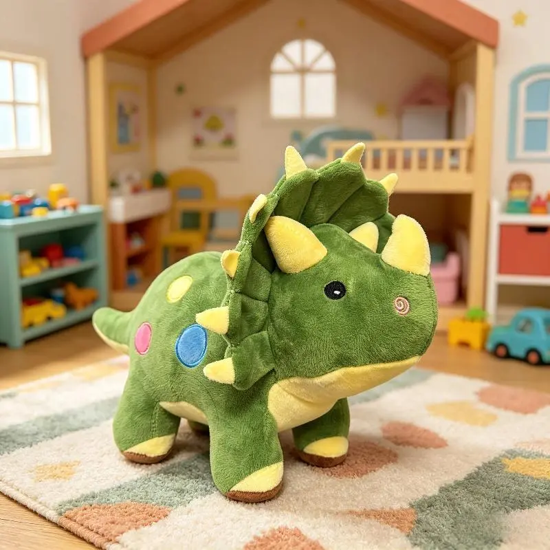 Cute Green Triceratops Soft Plush Toy - Unisex Animal Plush Stuffed Toy with Head Antenna, Adjustable Front-Back Neck Shield, Colorful Embroidered Body Spots, House Decoration, Cute Collectibles, Antenna On Head