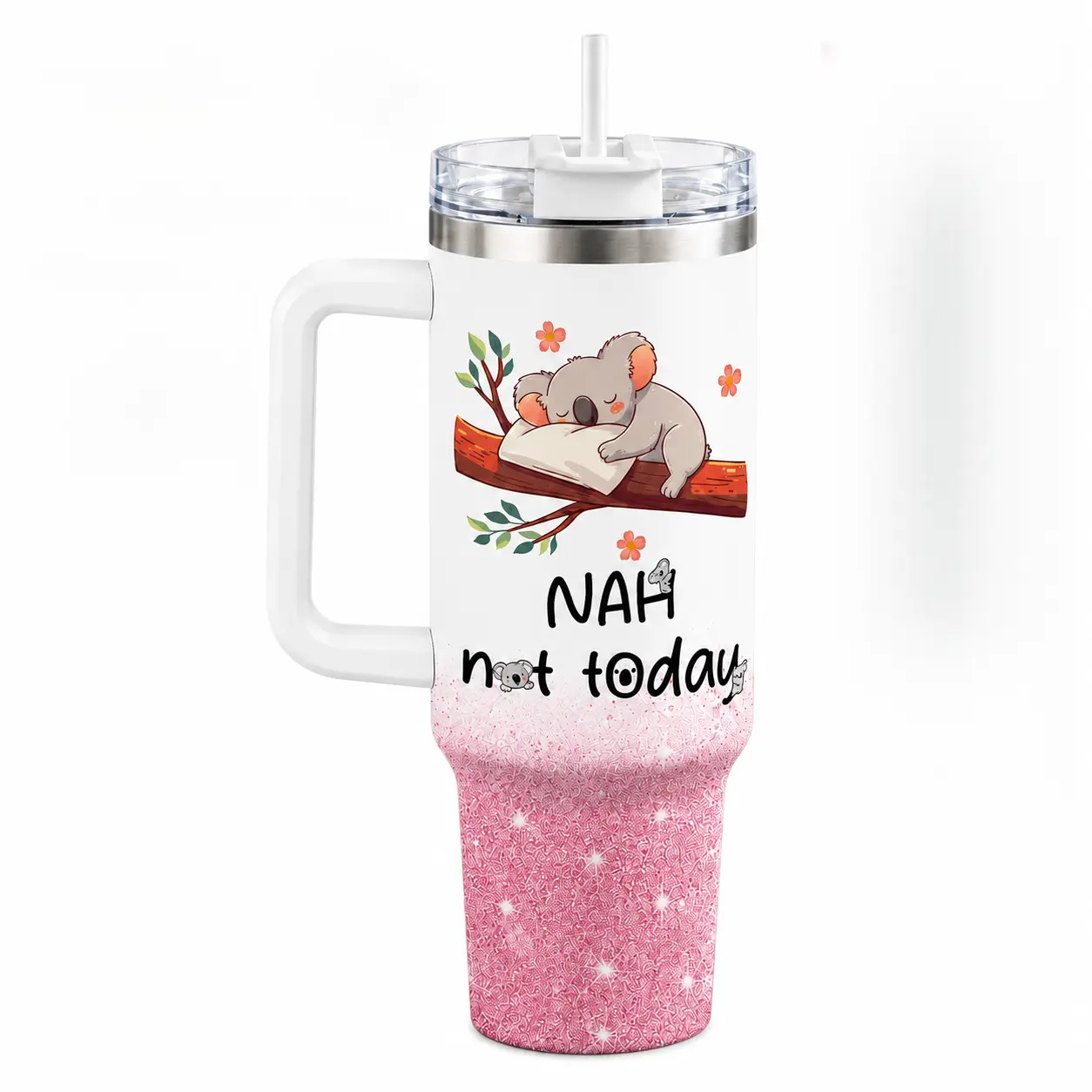 Funny Koala 40oz Stainless Steel Insulated Tumbler with Handle and Straw, Nah Not Today Cute Animal Pink Printed Travel Cup, Gift for Women