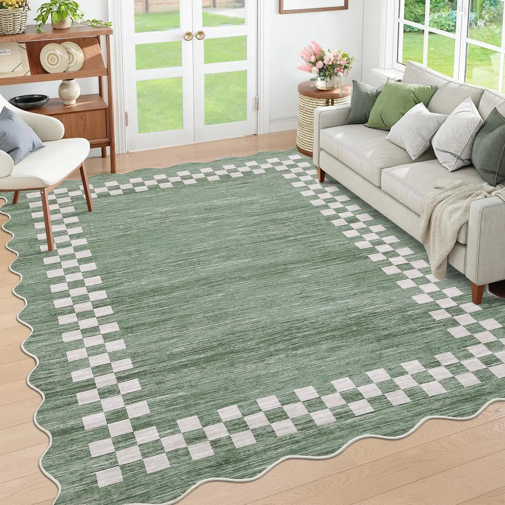 Garvee Scalloped Washable Rug 9x12 Area Rug for Living Room Modern Border Large Bedroom Throw Carpet with Rubber Backing Stain Resistant Boho Rug for Dining Room Home Decor Office