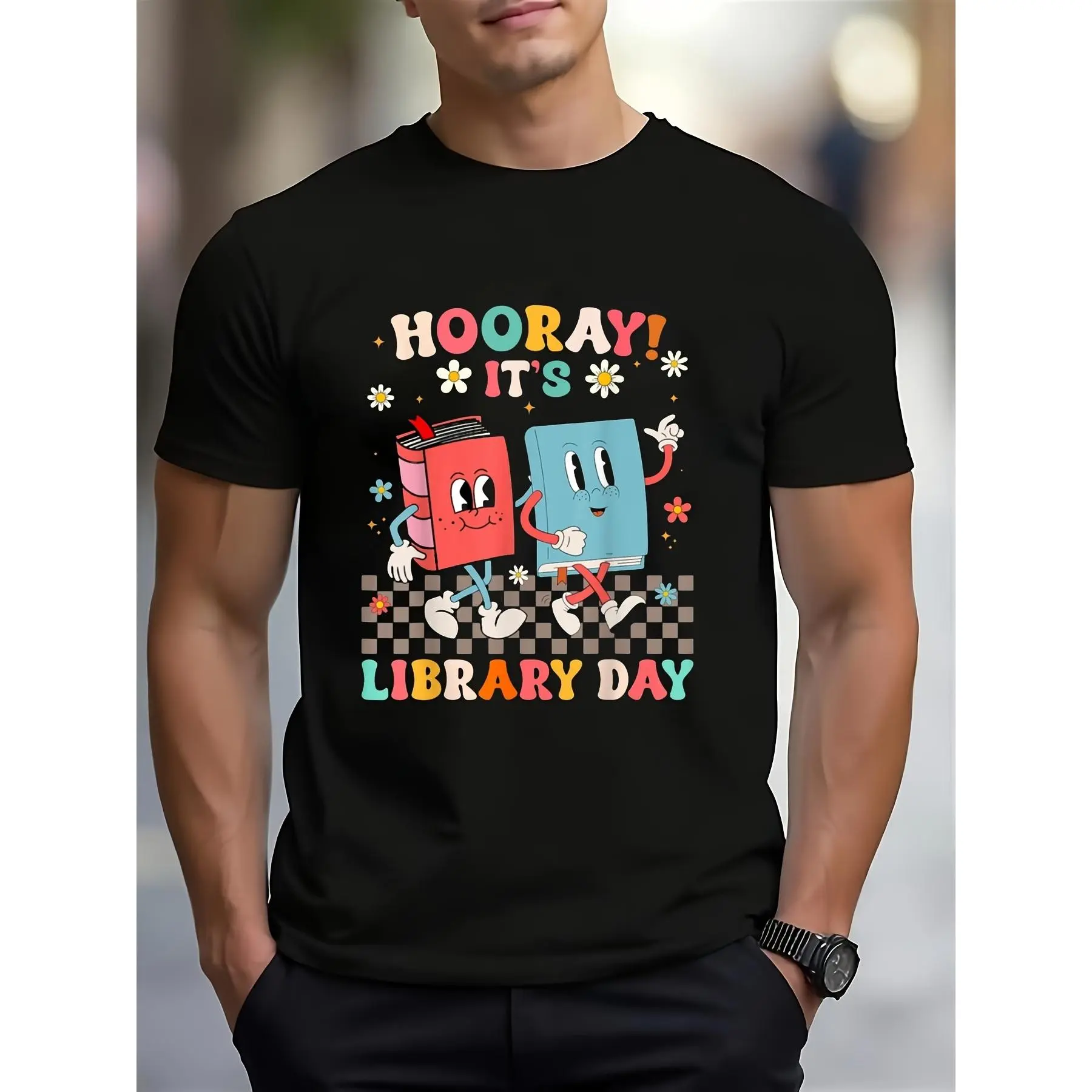 Retro Casual Crew Neck Polyester Sports Top - Polyester Clothing, Sporty Design, Printed School Librarian Reading Book Lover Theme, Hooray It's Library Day Shirt, Sporty Sports Tops