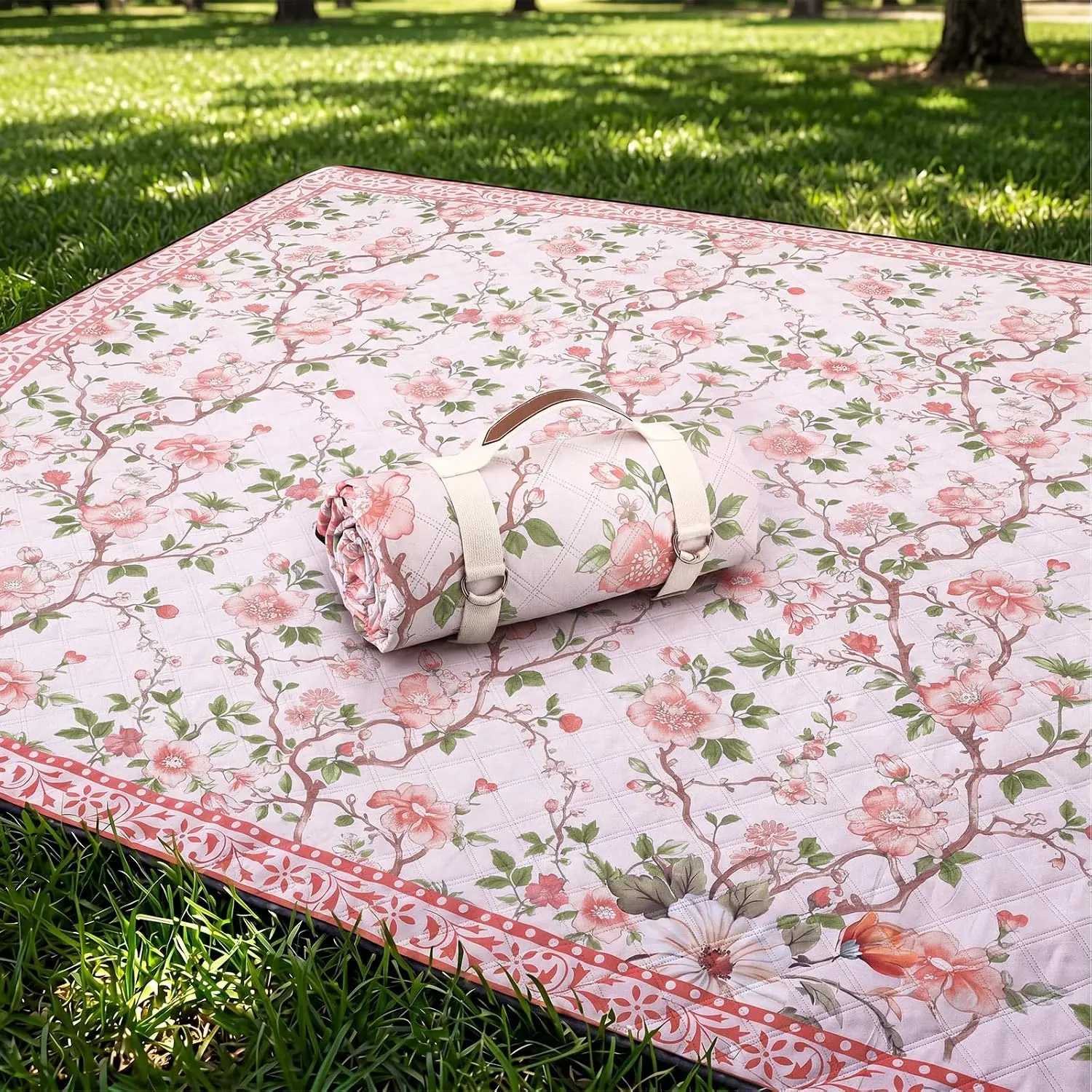 80 x 80 Inch  and Green Floral Picnic Blanket  Outdoor Chinoiserie Picnic Mat with Carry Strap  Sandproof Blanket Foldable Portable for Beach Camping Grass Lawn Park