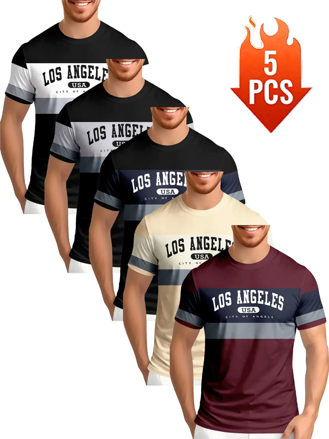 Men's Short Sleeve T-Shirt Set of Five, Casual Letter Print Top, Trendy Loose Fitted Tee, Comfortable Daily Wear