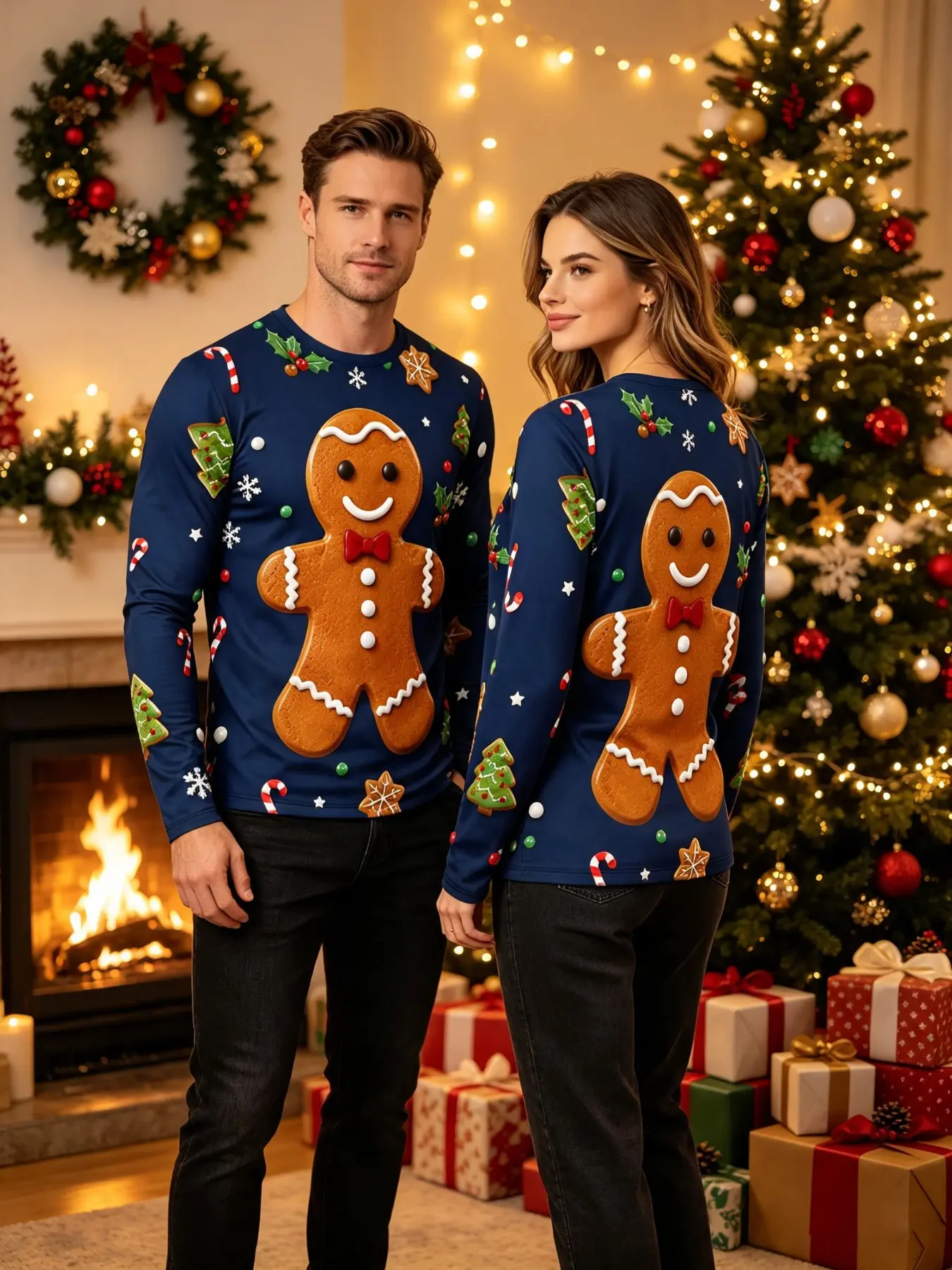 Unisex Couple Long Sleeve Top, Christmas Gingerbread Man Tree Candy Snowflake Print, Sporty Loose-Fit T-Shirt for All Seasons
