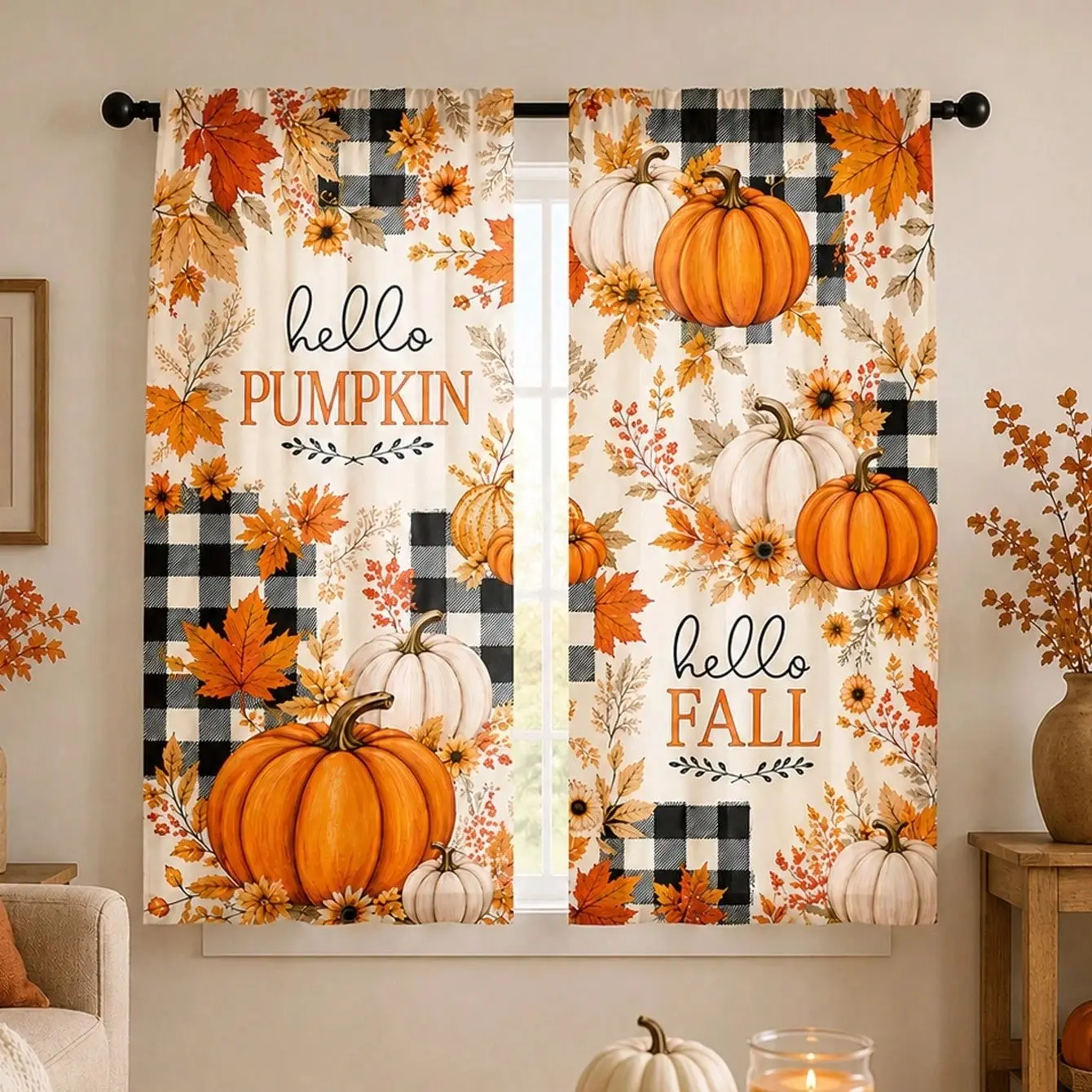 2-Pack Farmhouse Style Water Buffalo Plaid Pumpkin Curtains, Plaid Print, Fall Harvest Theme, Privacy Sunshade, Semi-Transparent Rod Pocket Design