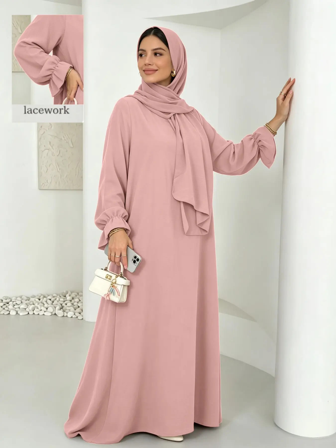 Soft Muslim Abaya Dress with Long Scarf Sleeves, Floral Sleeve Design, Classic Versatile Abaya, Perfect for Everyday Wear