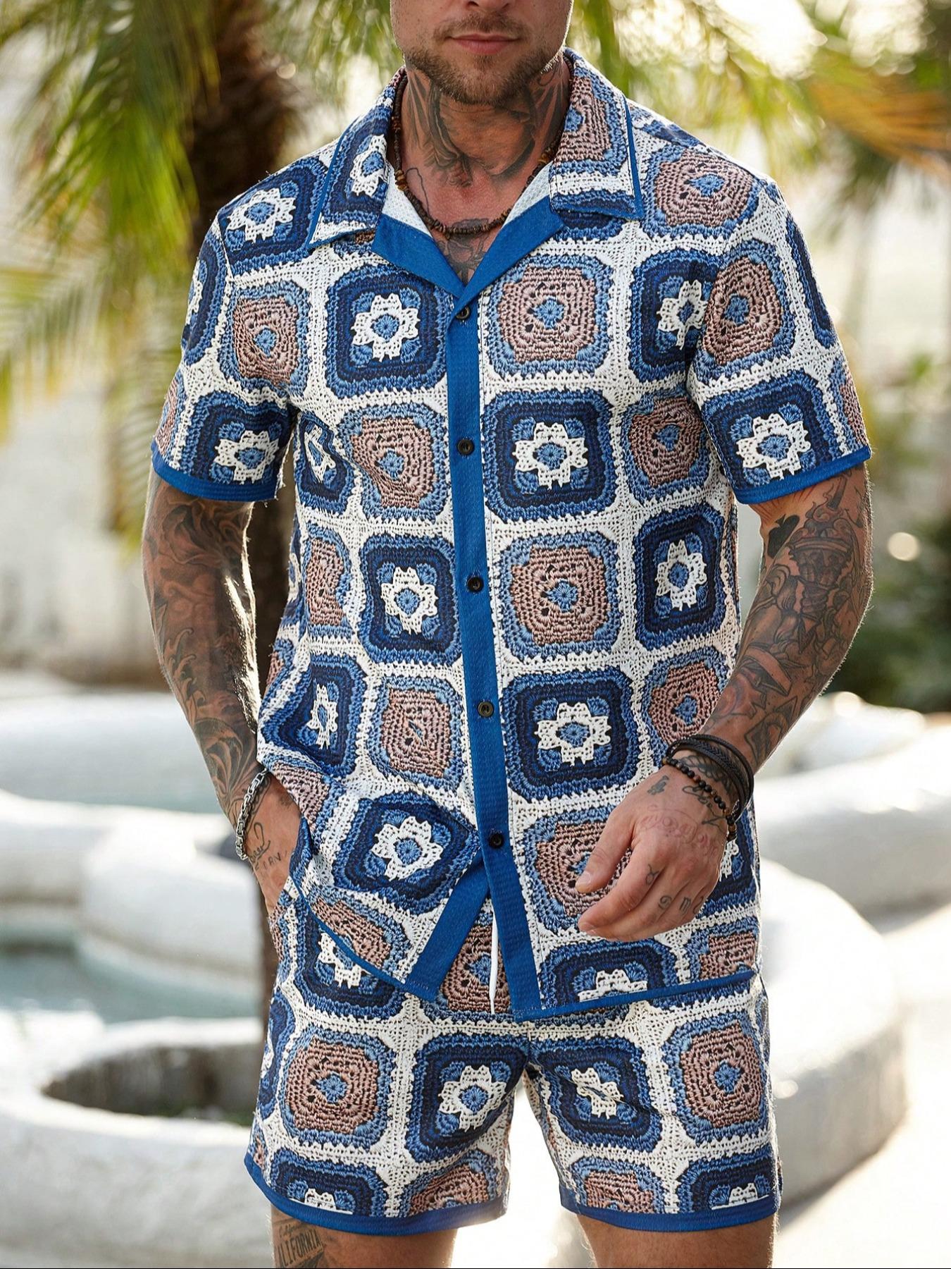 Two-Piece Set Men's Regular Fit Tropical Floral Print Button Shirt & Drawstring Waist Shorts Set, Casual Short Sleeve Collared Top & Pocket Shorts, Men's Two-piece Outfits for Summer Beach Vacation