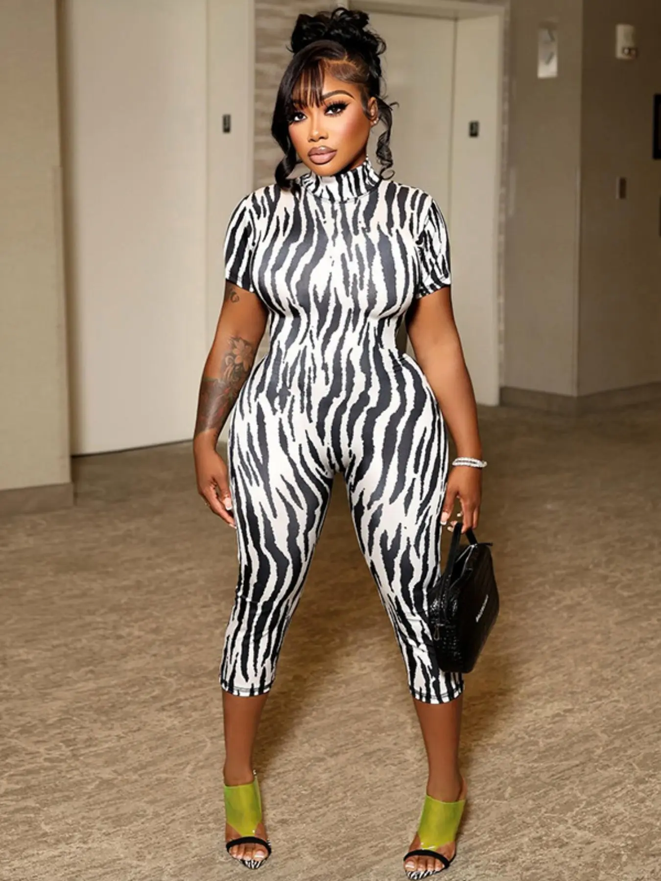 Polka Dot Print High Neck Short Sleeve Capri Jumpsuit Loungewear Plus Size Women Home Sleepwear Casual Home Outfit