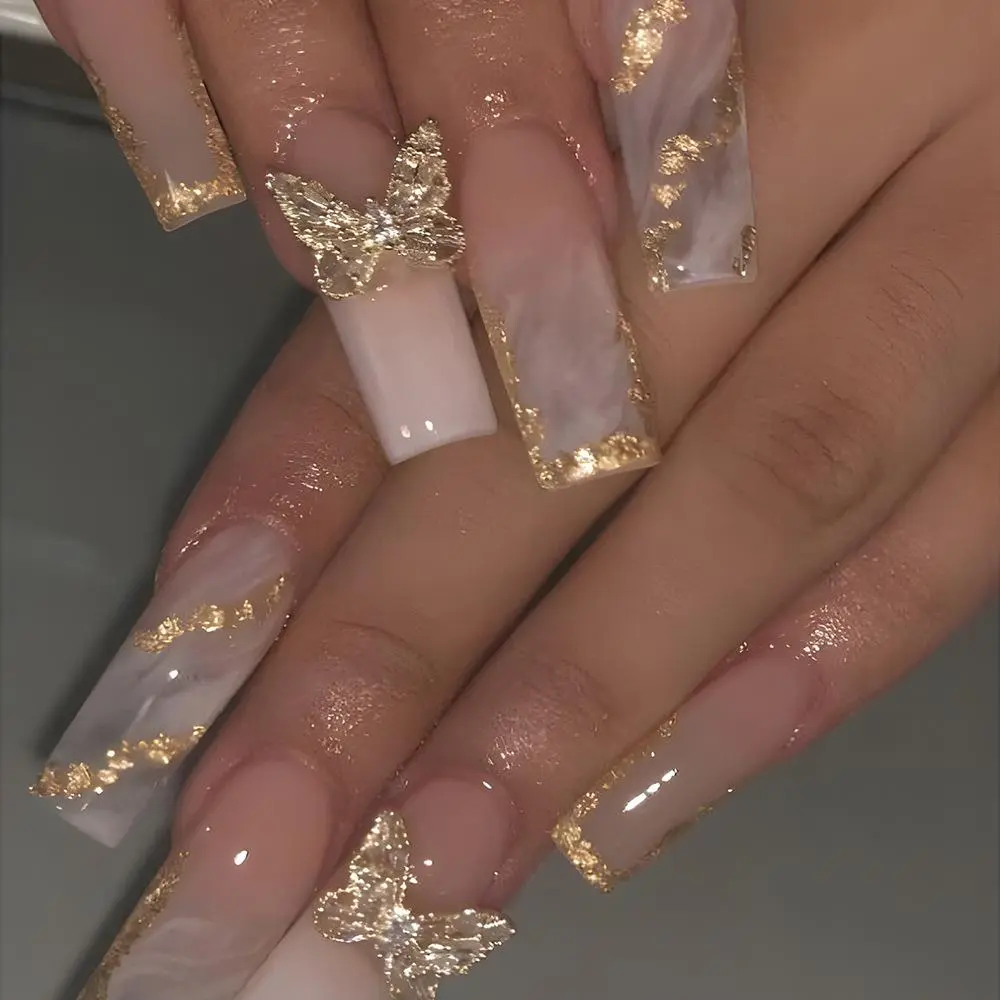 Milky White Marble Gold Foil 3D Gold Butterfly Long Coffin Press On Nails Luxury Minimal Nude Fake Nails, Formal Wear, Coffin Shape