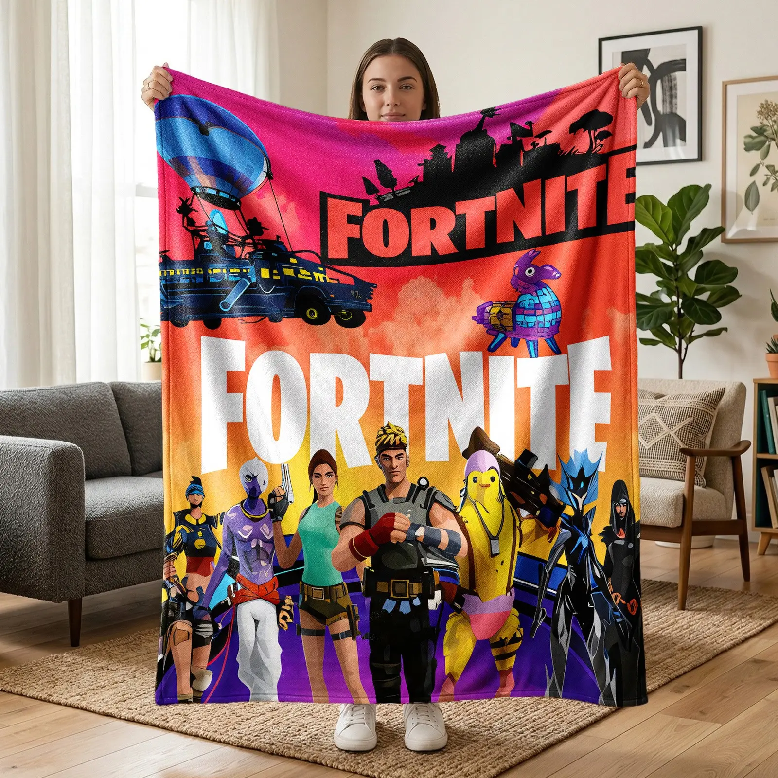 1pc Fortnite Game Themed Fleece Blanket, Multi Characters Battle Bus & Loot Llama Collage Print, Energetic Competitive Gaming Style. Soft Warm Cozy Nap Throw, Multi-use for Sofa, Bed, Office, Shawl, Camping, Perfect Christmas Gift.