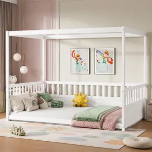 ARCH Full Size Canopy Bed Frame with Guardrails for Kids, White Pine Wood Montessori Floor Bed with Four Poster Design, Low to Ground Children's Bed for Bedroom, Box Spring Required, 56.89 W x 76.97 D x 58.27 H in, Full Size Options