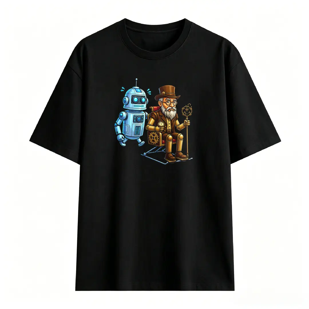 2D Flat, Steampunk Old Man And Blue Robot Illustration, Black Short Sleeve T-Shirt, Acrylic Pendant, Ornament For Home Decor & Car Interior, Birthday Gift For Men