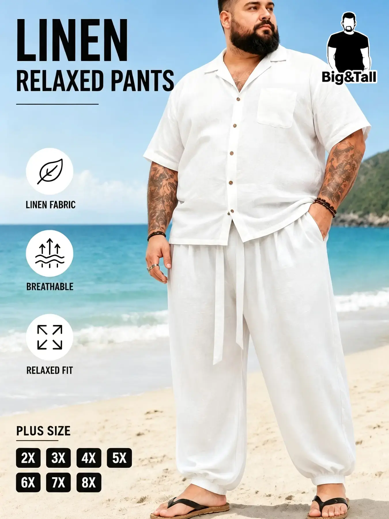 Plus Size Men's Trendy Casual Pants, Drawstring Waist and Pocket Design, Linen Fabric, Suitable for Spring and Fall Daily Wear, Casual Beach Pants, Breathable Summer Streetwear, Casual Comfy Pants