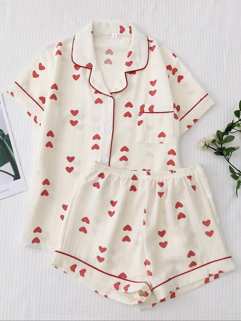 Valentine's Day Spring Summer Romantic Blue Striped Heart Elegant Short Sleeve Shorts Pajama Set for Women, Cute Fitted Homewear