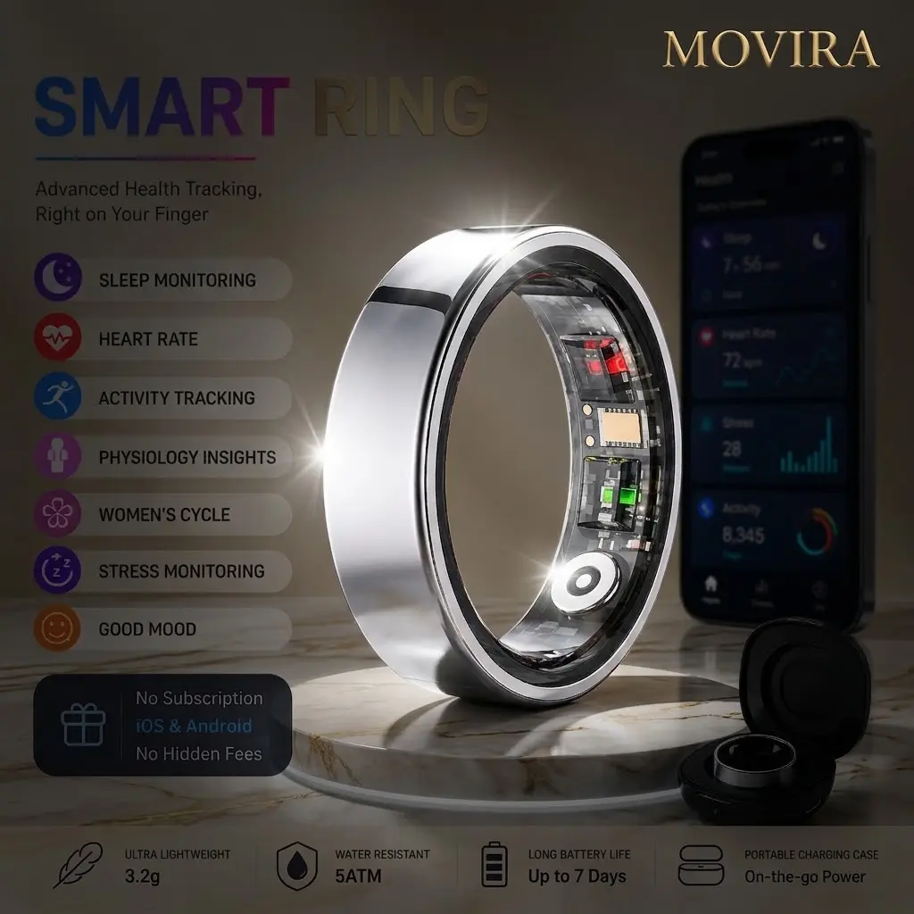 Movira  AI Smart Ring, Health Tracker, Fitness Tracker with 24/7 Sleep Tracking, Heart Rate, Stress & Cycle Insights, Family Care Mode, Free App, No Subscription for Men & Women, Android & iOS Compatible, Wearable, IP68 Waterproof Wearable Sport Device